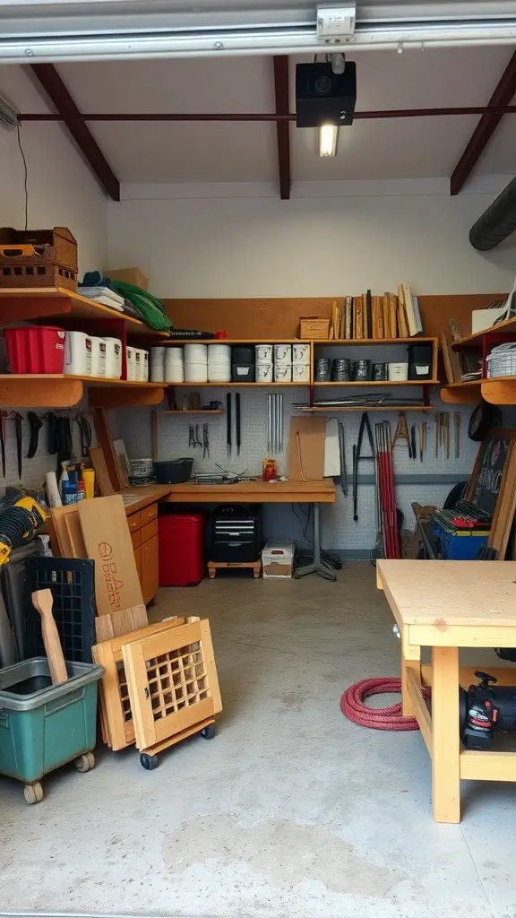 25 Creative Garage Living Space Ideas to Transform Your Home 15 A well-organized garage workshop with tools, shelves, and a spacious workbench.