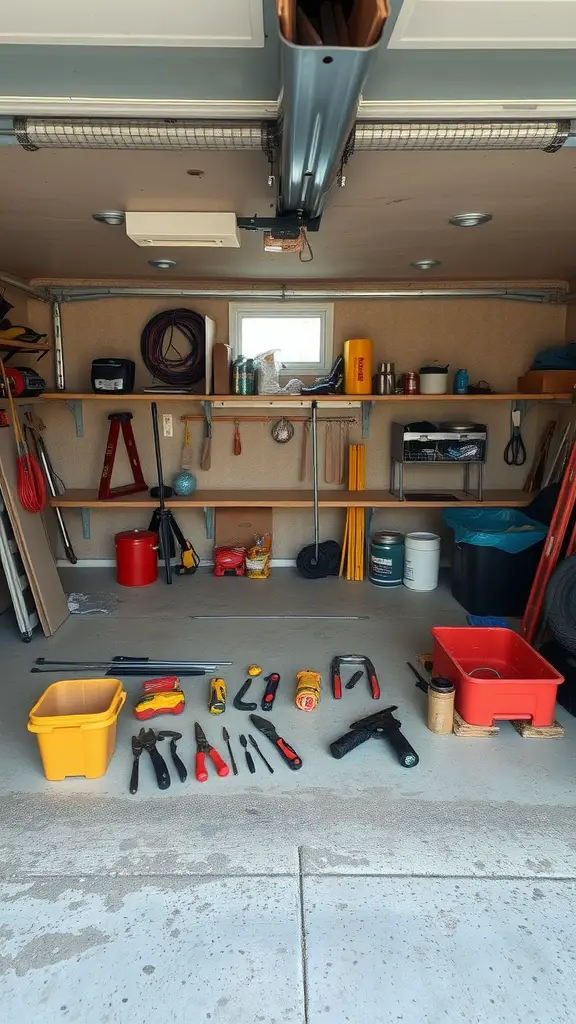 19 Essential Items for Perfect Garage Tool Organization 15 Organized garage workspace with tools and supplies laid out neatly on shelves and the floor.