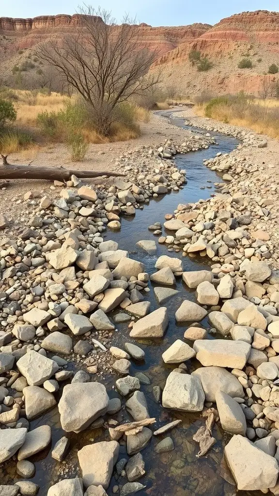 19 Creative River Rock Landscaping Ideas for Your Garden 4 A dry river bed lined with smooth stones and surrounded by sparse vegetation and a rocky landscape.