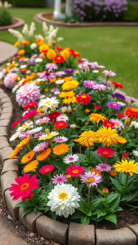 23 Creative DIY Projects to Transform Your Backyard 17 A vibrant flower bed with various flowers in pink, white, orange, and yellow, bordered by a stone edge.