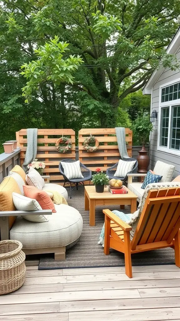 15 Creative DIY Ideas for a Stunning Pallet Deck 13 A cozy outdoor living space featuring pallet furniture, a coffee table, and lush greenery.