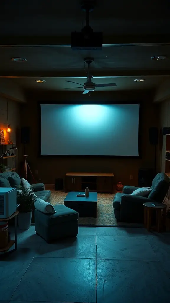 25 Creative Garage Living Space Ideas to Transform Your Home 7 A cozy home theater space in a garage with a large screen, comfortable seating, and soft lighting.