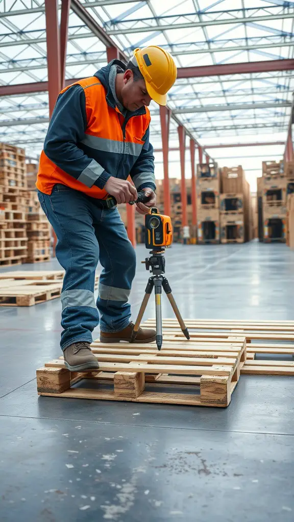 15 Creative DIY Ideas for a Stunning Pallet Deck 4 A worker using a leveling tool on pallets in a warehouse setting.