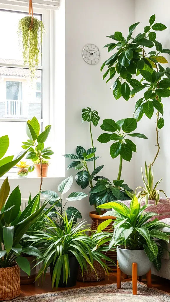 19 Indoor Plant Styling Ideas to Elevate Your Space 6 A cozy indoor green corner filled with various indoor plants, showcasing a bright and inviting atmosphere.