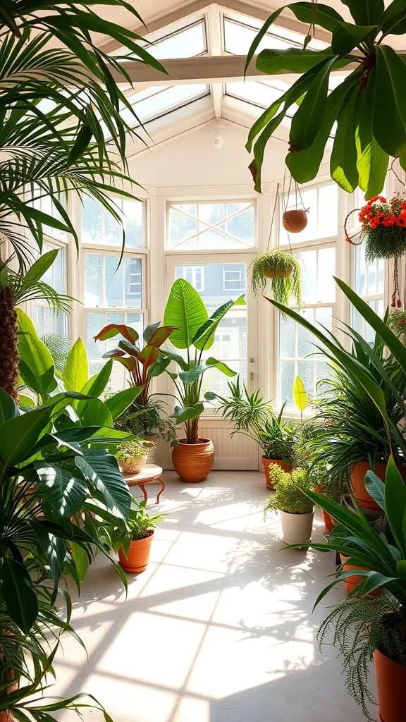 A sunroom filled with various indoor plants, large windows allowing natural light, creating a vibrant and lively atmosphere.