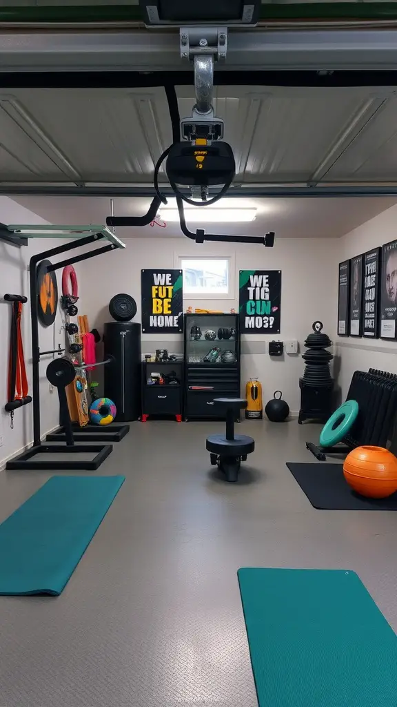 25 Creative Garage Living Space Ideas to Transform Your Home 6 A garage converted into a workout space with exercise equipment, mats, and motivational wall art.