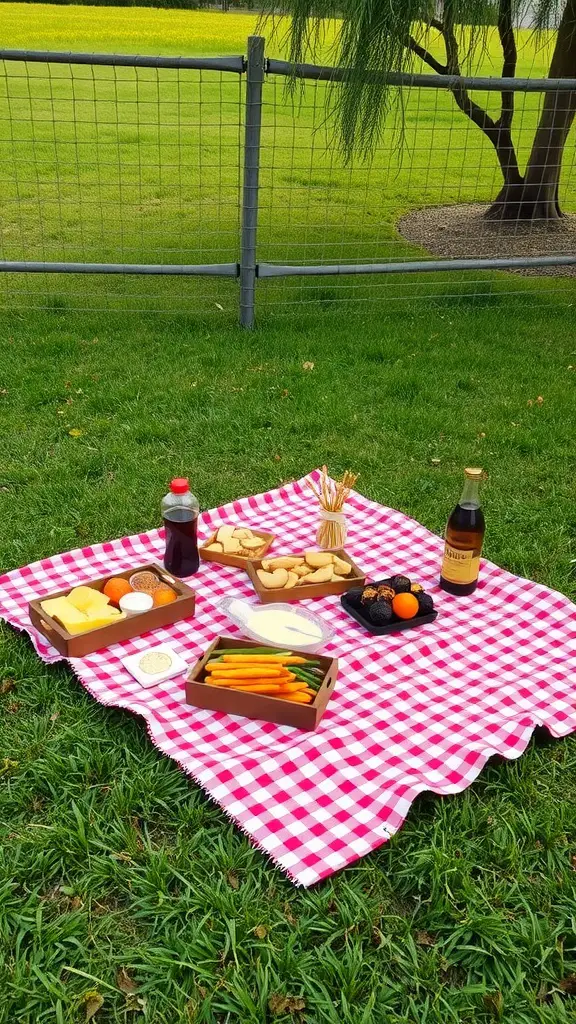 19 Stunning Backyard Oasis Ideas on a Budget 12 A picnic setup on a pink and white checkered blanket with snacks and drinks on the grass.