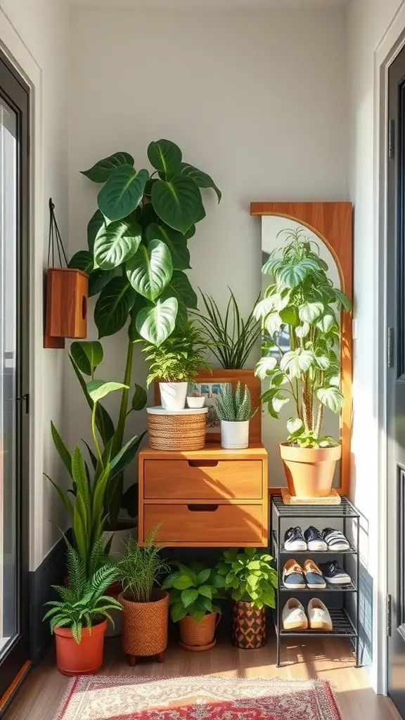 23 Creative Ways to Decorate with Plants in Your Home 14 A plant-themed entryway featuring various indoor plants, a wooden cabinet for storage, and a shoe rack