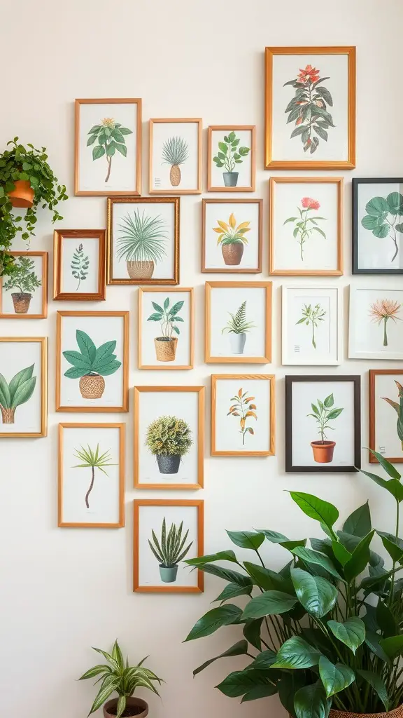 19 Indoor Plant Styling Ideas to Elevate Your Space 9 A beautifully arranged gallery wall featuring framed botanical illustrations, complemented by indoor plants.