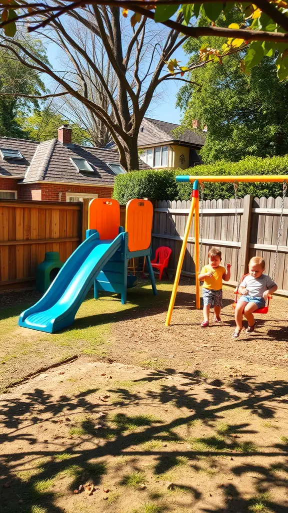 23 Creative DIY Projects to Transform Your Backyard 8 A backyard play area featuring a slide and swings with children playing.
