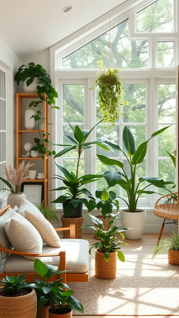 Cozy sunroom with a variety of plants and comfortable seating