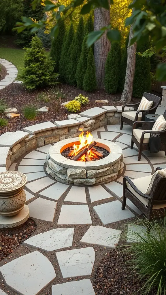 21 Stunning Landscaping Ideas Featuring Large Rocks 12 A rustic outdoor fire pit made of large stones, surrounded by greenery and a stone pathway.
