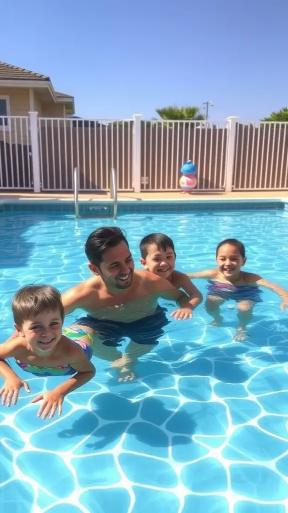 21 Stunning Above Ground Pool Deck Designs for Your Backyard 7 A man swimming with four children in a clear pool, with a fence in the background.