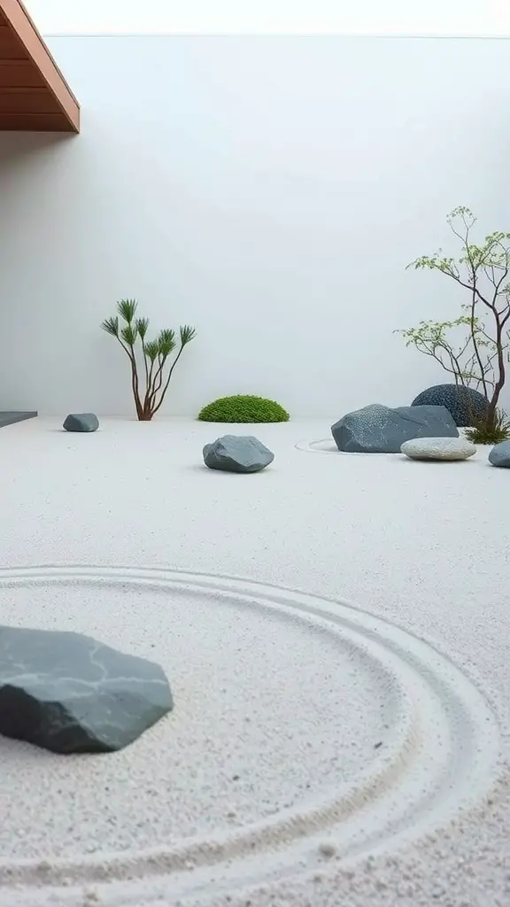 19 Inspiring Rock Garden Ideas for Your Outdoor Space 2 A serene Zen garden with smooth rocks and sand, featuring gentle curves and a minimalistic design.