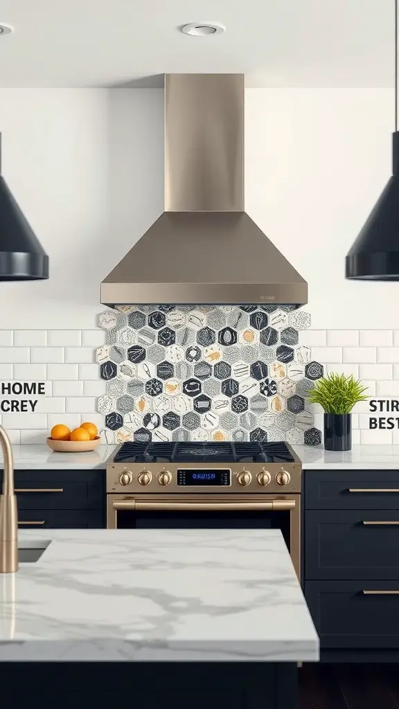 23 Stunning Open Kitchen Ideas for a Modern Home 13 Modern kitchen with a hexagonal backsplash, sleek range hood, and dark cabinetry.