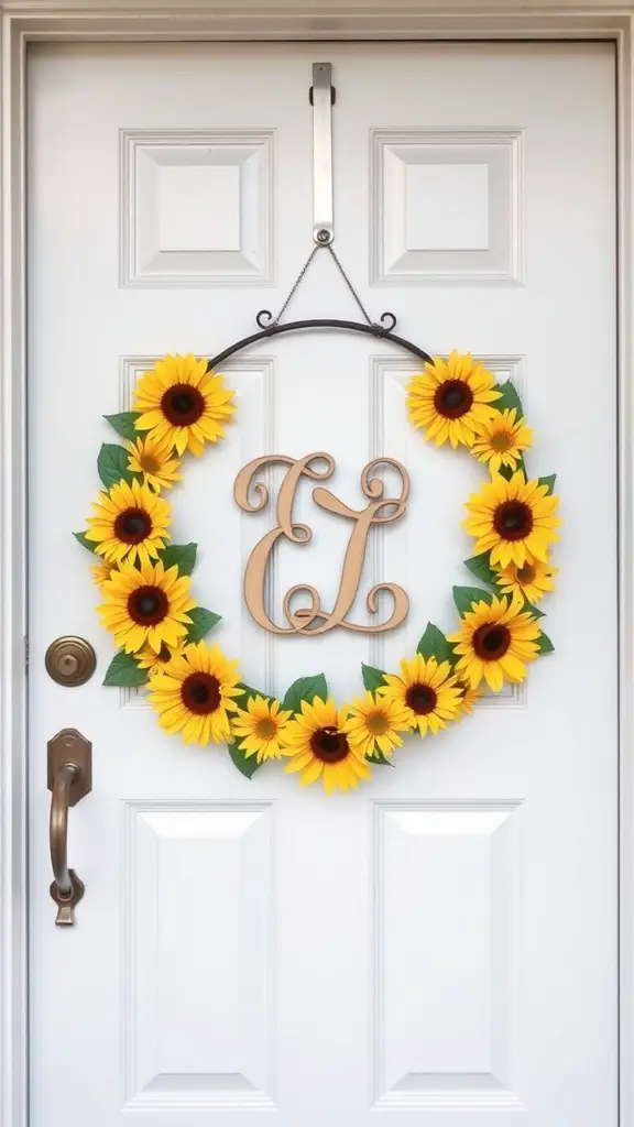 A sunflower wreath with a monogram hanging on a white door.
