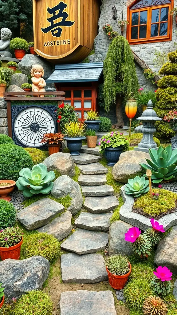 23 Stunning Alpine Garden Ideas for a Breathtaking Landscape 12 A beautifully arranged alpine garden with stone pathways, diverse plants, and decorative features.