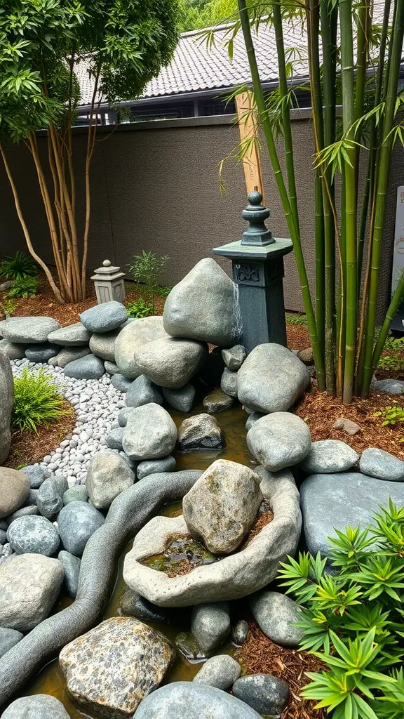 19 Creative River Rock Landscaping Ideas for Your Garden 10 A peaceful Zen garden with river rocks, a water feature, and bamboo plants.
