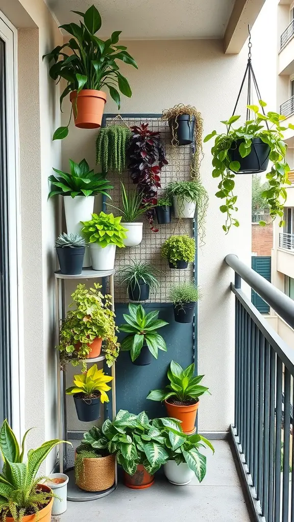 23 Creative Ways to Decorate with Plants in Your Home 10 A vertical garden on a balcony featuring various plants in pots, arranged on a grid and hanging.