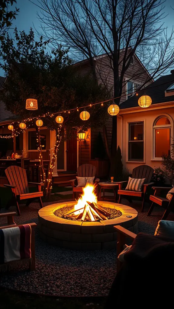 15 Stunning Fire Pit Landscaping Ideas for Your Outdoor Space 4 Cozy fire pit area with warm lighting and wooden chairs, perfect for evening gatherings.