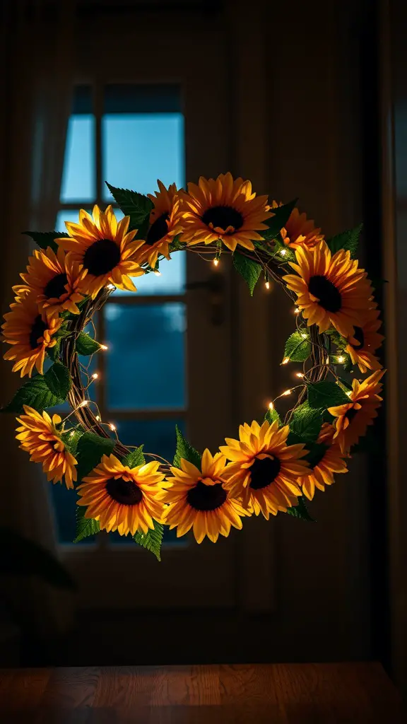 A sunflower wreath with LED lights glowing softly, set against a window backdrop.