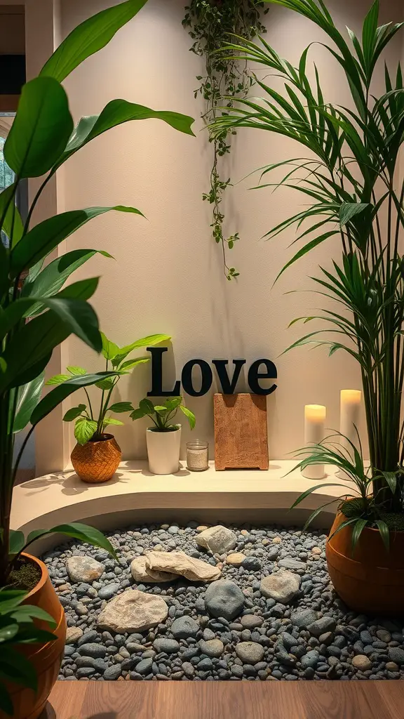 A serene plant nook featuring various plants, pebbles, and candles with the word 'Love' displayed on the wall.