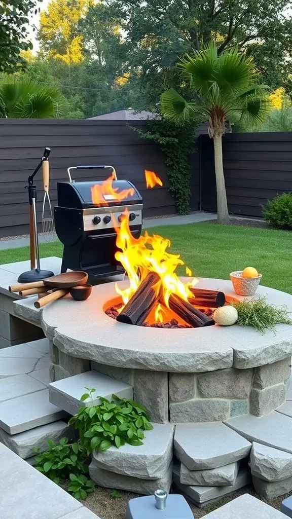 15 Stunning Fire Pit Landscaping Ideas for Your Outdoor Space 11 A cozy outdoor cooking space featuring a fire pit and grill surrounded by greenery.