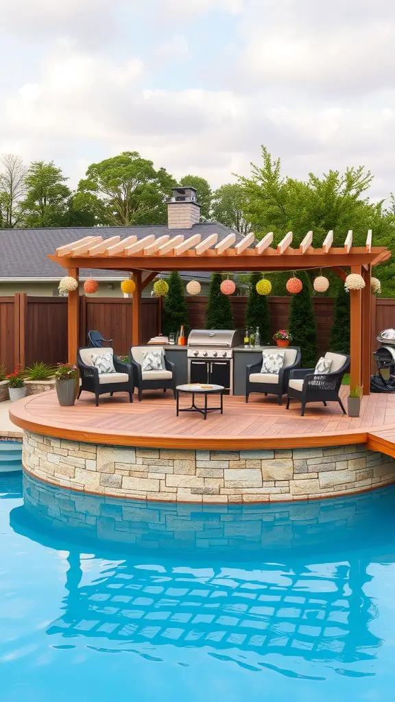 21 Stunning Above Ground Pool Deck Designs for Your Backyard 16 A beautiful 21-foot above-ground pool with a wooden deck, featuring comfortable seating and a grill.