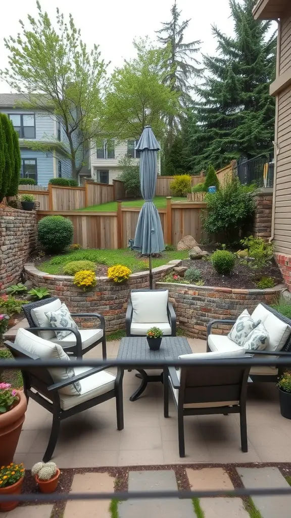 21 Creative Sloped Backyard Landscaping Ideas You’ll Love 2 Outdoor seating area on a sloped backyard with chairs, table, and plants
