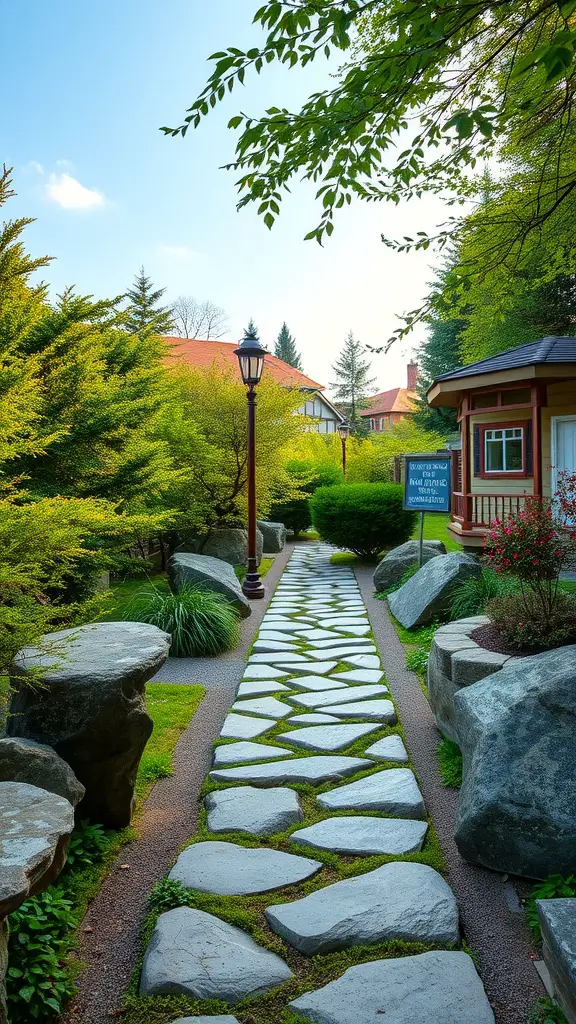 21 Stunning Landscaping Ideas Featuring Large Rocks 4 A stone pathway surrounded by lush greenery and a lantern.