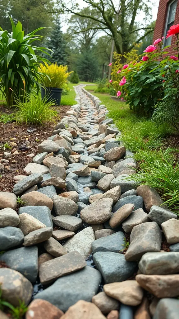 15 Creative Rock Drainage Landscaping Ideas for Your Outdoor Space 6 French drain made with decorative rocks in a landscaped garden