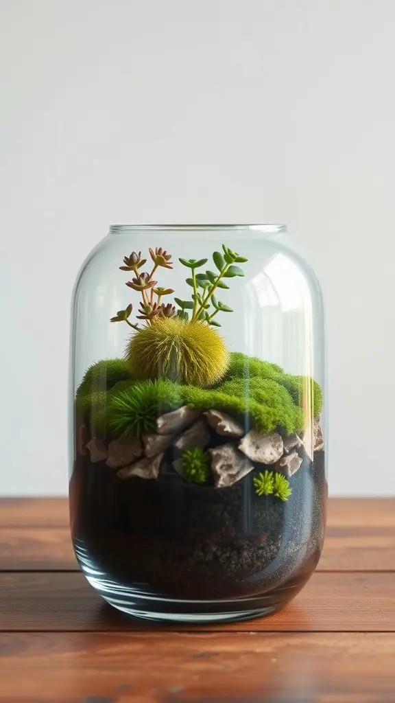 25 Unique Moss Garden Ideas for Your Outdoor Space 16 A glass terrarium featuring different types of moss and small plants with stones at the base.