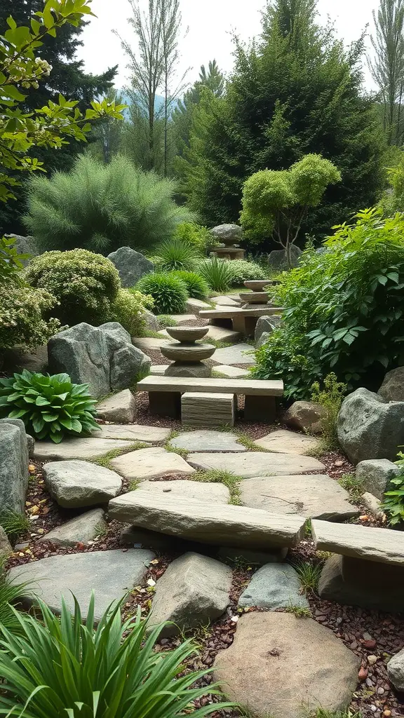 21 Stunning Landscaping Ideas Featuring Large Rocks 17 A pathway lined with stones leading to natural stone seating areas surrounded by lush greenery.
