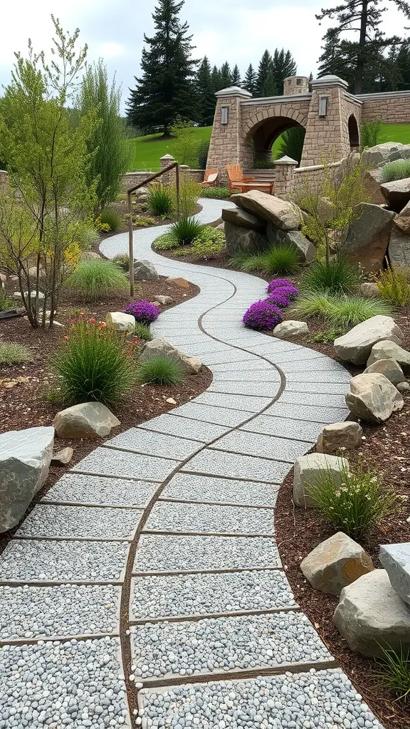 19 Inspiring Rock Garden Ideas for Your Outdoor Space 3 A winding gravel pathway lined with flowers and greenery, leading to a stone arch.