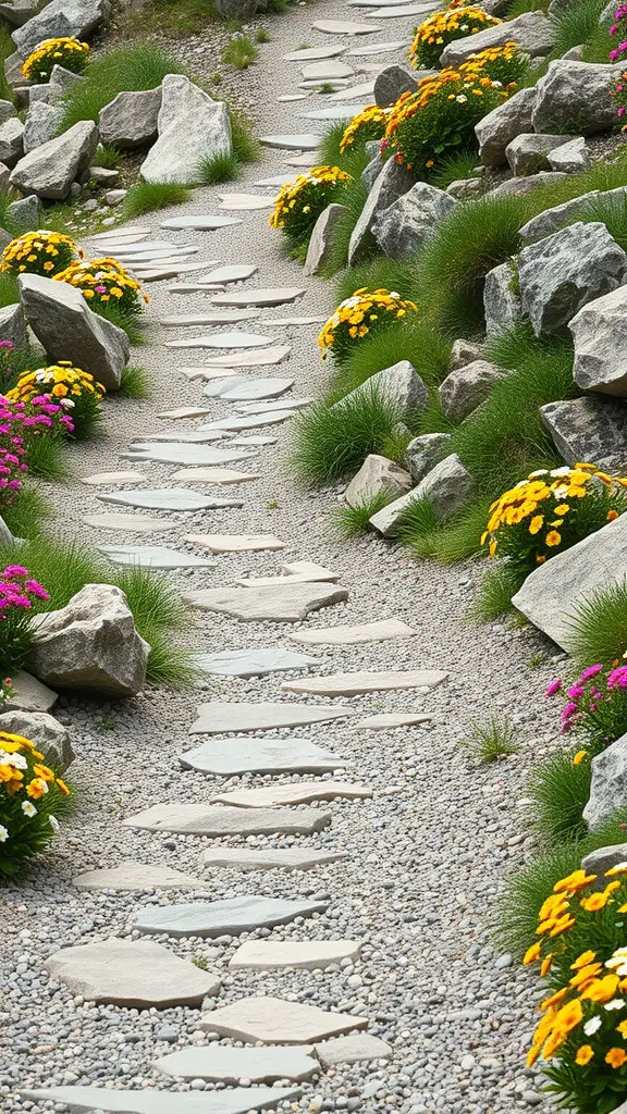 23 Stunning Alpine Garden Ideas for a Breathtaking Landscape 9 A beautiful stone and gravel pathway surrounded by colorful flowers in an alpine garden.