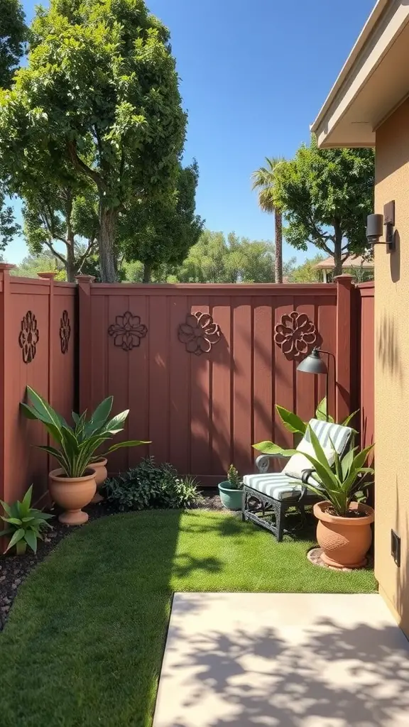 A cozy backyard corner with a privacy fence, a comfortable chair, and potted plants.