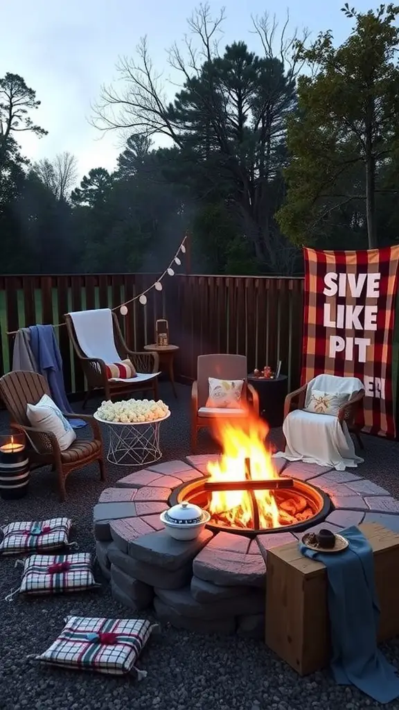 17 Stunning Outdoor Fire Pit Area Ideas for Cozy Gatherings 15 An inviting outdoor fire pit area with cozy seating, colorful decor, and a warm fire.
