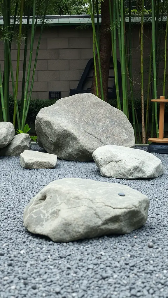 21 Stunning Landscaping Ideas Featuring Large Rocks 10 A serene Zen garden featuring large rocks surrounded by gravel and bamboo