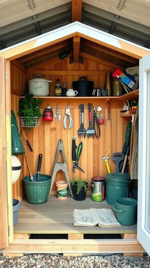 23 Genius Shed Organization Tips for Small Spaces 12 An organized small shed with tools and plants neatly arranged in designated zones for different activities.