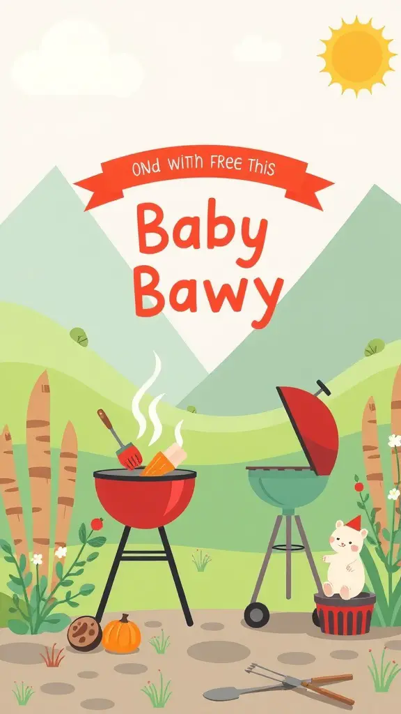 25 Creative Baby Q Shower Ideas to Celebrate Your Little One 4 A colorful illustration of a Baby Q invitation featuring barbecues, mountains, and playful elements.