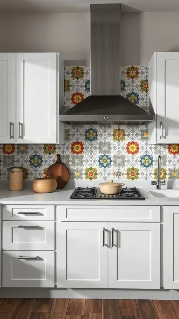 23 Stunning Modern Kitchen Ideas You Need to See 13 Colorful patterned backsplash in a modern kitchen with white cabinets and a stainless steel hood.