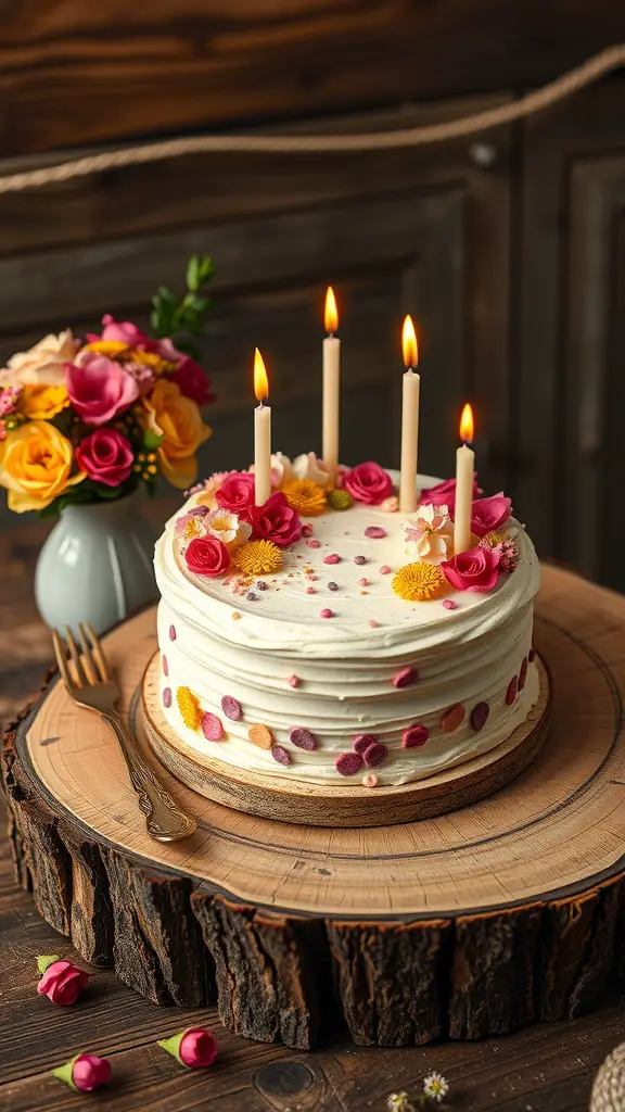 17 Fun Outdoor Birthday Party Ideas for an Unforgettable Celebration 6 A beautifully decorated birthday cake with flowers and candles displayed on a rustic wooden table.