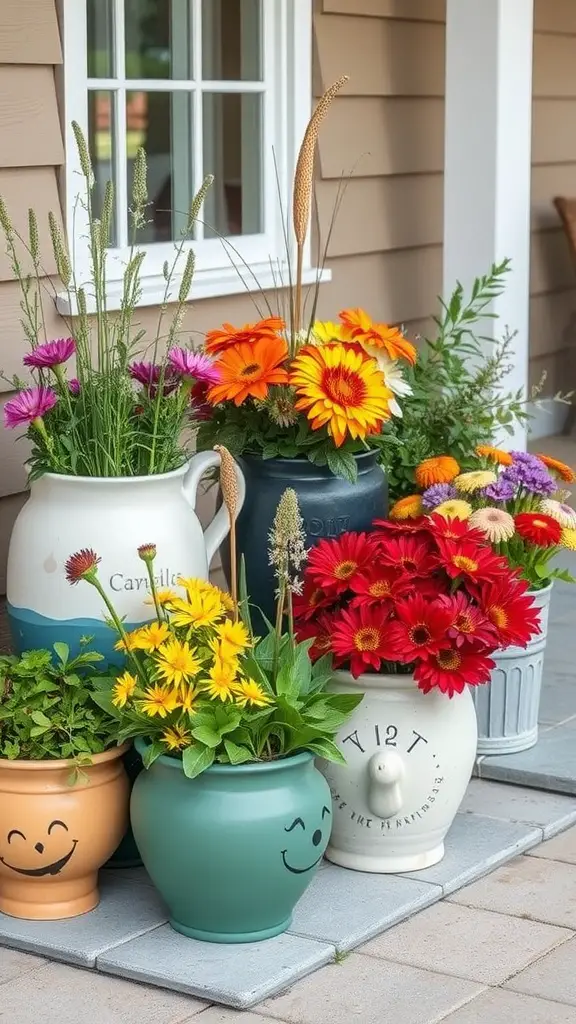 Colorful container garden with various flowers in decorative pots.
