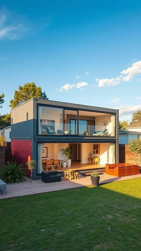 23 Innovative Storage Container Homes You Need to See 12 A modern two-story container home with large glass windows, spacious deck, and vibrant outdoor furniture.