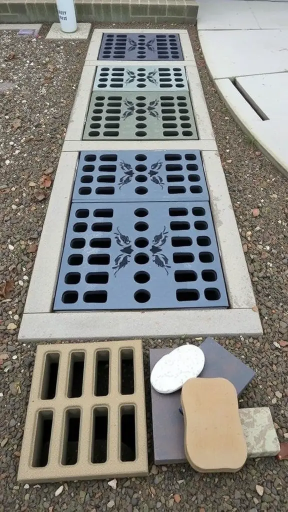 23 Creative French Drain Ideas for Effective Water Management 17 Various decorative drain covers for French drains in different colors and designs.