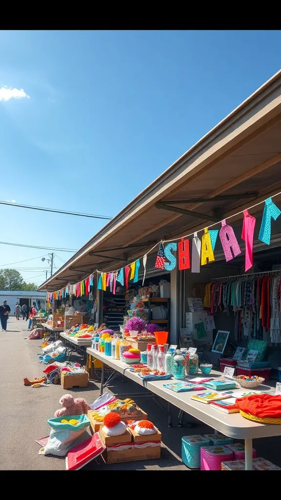 21 Creative Garage Sale Ideas to Boost Your Sales 4 Vibrant garage sale display with colorful banners and neatly arranged tables of items.