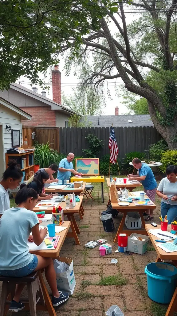 Group of people engaged in a DIY craft station in a backyard setting.