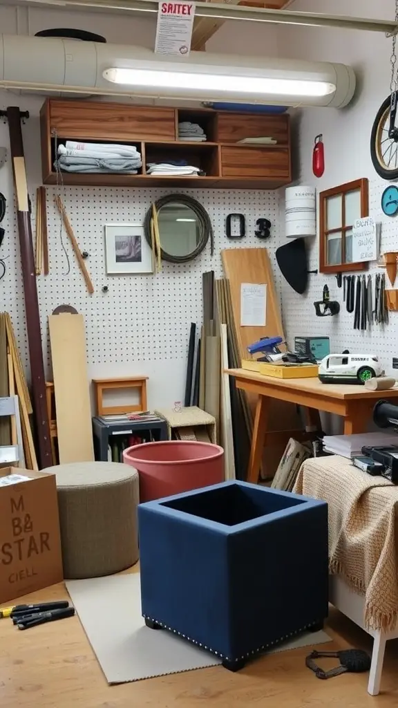 A workshop with various tools and materials, featuring two storage ottomans, one round and one square.