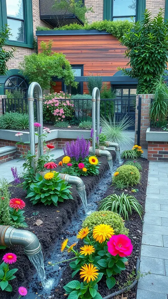 23 Creative Rain Gutter Drainage Ideas for Your Home 9 A colorful garden featuring vibrant flowers with metal downspouts directing water into the soil.