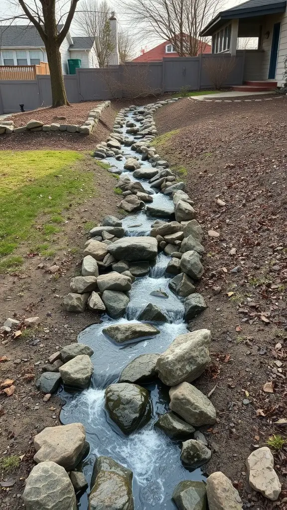 21 Creative Sloped Backyard Landscaping Ideas You’ll Love 4 A landscaped hillside with a stone-lined drainage stream flowing through it.